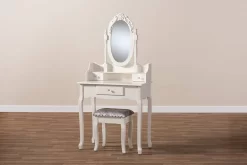 Baxton Studio Veronique Traditional French Provincial White Finished Wood 2-PC Vanity Table W/ Mirror & Ottoman - Wholesale Interiors WF18-White-Vanity -Home Haven Deals wf18 white vanity 8
